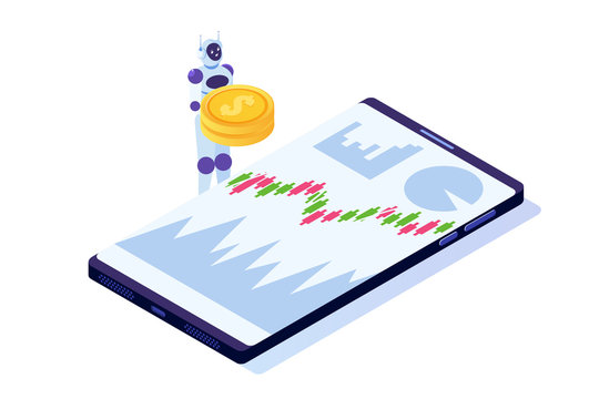 Robot Investing, Robo-advisor. Artificial Intelligence And Businessman Using IT Algorithms For Forex Tradings. Vector Illustration Isometric