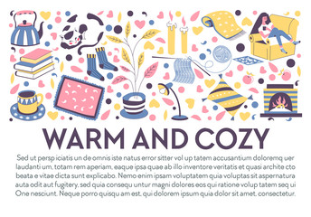 Winter evening at home, cozy and warm house items banner