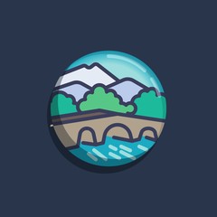 Nature landscape with river bridge and mountain peak flat icon. Round colorful button, Mountain landscape with forest trees circular vector sign. Flat style design