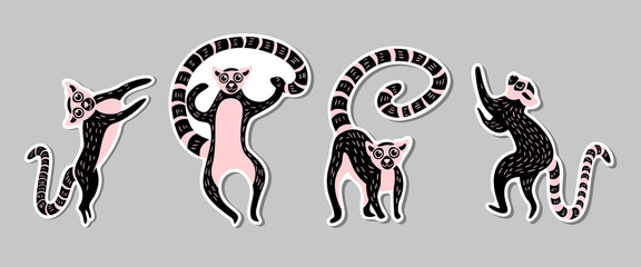 Set of stickers with black and pink cute lemurs. Flat vector illustration. © Alisa
