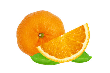 sweet juicy orange whole fruit top view and slice with green leaves isolated on white background