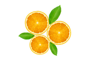 Three orange fresh fruit slices with green leaves isolated on the white background