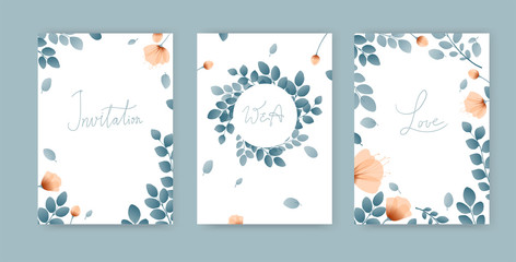 Set of simple cute cards with greens and poppies, branches with leaves, wreath, flowers, place for text. Vector illustration.