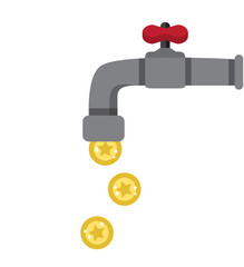 Metal tap with red valve and tap drop gold coins