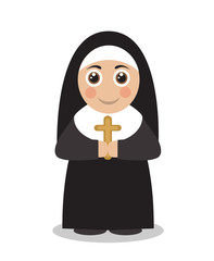 cute carton nun in black robes with a cross in her hands