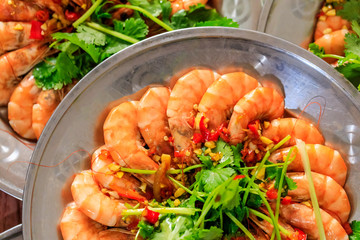 Boiled shrimp cold dish,ingredients are coriander and garlic with chili,Chinese food.