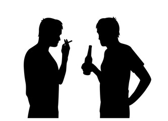 black isolated silhouettes of men smoking and drinking alcohol