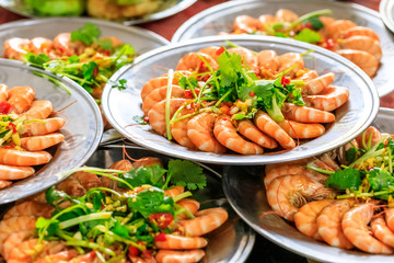 Boiled shrimp cold dish,ingredients are coriander and garlic with chili,Chinese food.