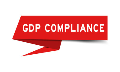 Red color paper speech banner with word GDP (Good distribution practice) compliance on white background