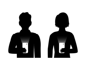 Silhouettes of men and women holding phones in their hands and do not communicate with each other. They are Internet addicts
