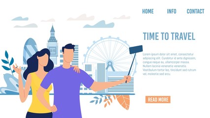 Travel Agency, Startup, Online Service for Tourists Trendy Flat Vector Web Banner, Landing Page Template. Happy Couple, Newlyweds Making Selfie Photos on Background of London Attractions Illustration