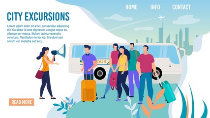 City Bus Excursions, Travel Agency Excursionist Service Trendy Flat Vector Web Banner, Landing Page Template. Female Tour Guide Conducting Excursion with Loudspeaker to Tourists Group Illustration