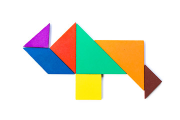 Color wood tangram puzzle in rhinoceros shape on white background
