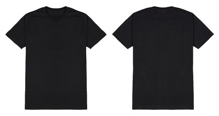 Black t shirt front and back view, isolated on white background. Ready for your mock up design...