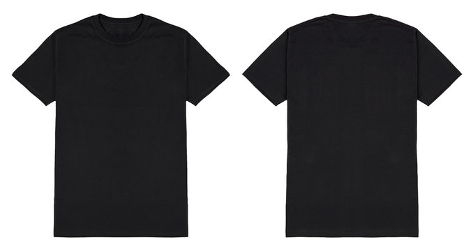 Black t shirt front and back view, isolated on white background. Ready for your mock up design template.