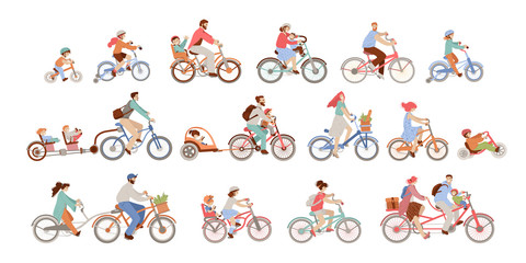 Set of man, women and children riding bicycles of different types - city, bmx, hybrid, chopper, cruiser, fixed gear, balance bike, co-pilot trailer and trailer for kids. Active family vacation.