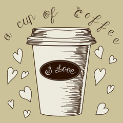 A hand-drawn flat brown and white drawing, which shows a paper cup of coffee, on which a label with the inscription I love is stuck, a beige background with hearts and the name of the picture 