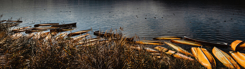 boat on the lake Kawaguchiko in Japan panoramic banner background.