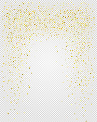 Abstract background with many falling gold tiny confetti pieces. Vector background with gold confetti. - obrazy, fototapety, plakaty