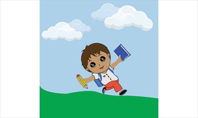illustrate children with a pencil and a book in their hand. illustration of a child running with his backpack.