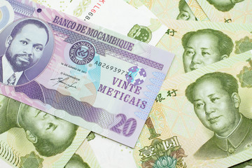 A close up image of a purple, twenty metical bank note from Mozambique on a background of Chinese one yuan bank notes