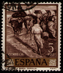 SPAIN - CIRCA 1964: post stamp 5 Spanish peseta (Ptas) printed by Kingdom of Spain, shows 'Pulling...