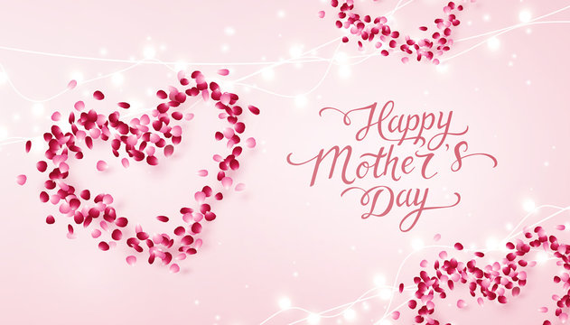Rose flower petals background. Vector pink floral symbols of heart for Happy Mother's Day greeting card design.