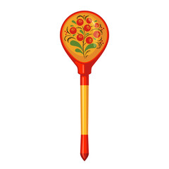 Vector wooden spoon with Khokhloma painting in flat style isolated on white background.