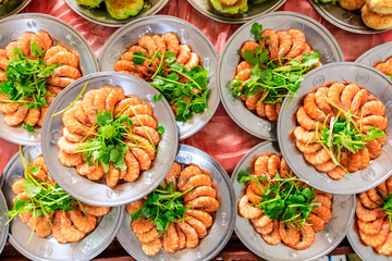 Boiled shrimp and coriander cold dishes,Chinese food,top view.