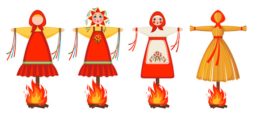 Set of Maslenitsa doll icons in flat style isolated on white background for slavic traditional russian winter festival.