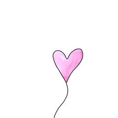 Pink watercolor balloon in shape of heart isolated on white background. Symbol of love, romance. Simple illustration for Valentines day, birthday, wedding, greeting card, web. Doodle hand drawn