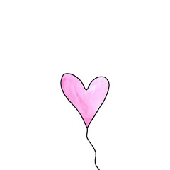 Pink watercolor balloon in shape of heart isolated on white background. Symbol of love, romance. Simple illustration for Valentines day, birthday, wedding, greeting card, web. Doodle hand drawn