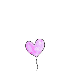 Pink watercolor balloon in shape of heart isolated on white background. Symbol of love, romance. Simple illustration for Valentines day, birthday, wedding, greeting card, web. Doodle hand drawn