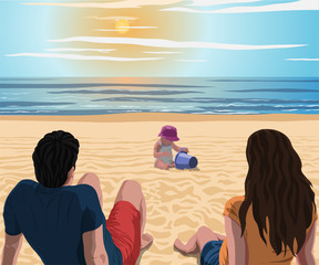 Beach Family scene Vector Illustration. Properly Layered. ESP.