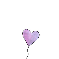 Pink watercolor balloon in shape of heart isolated on white background. Symbol of love, romance. Simple illustration for Valentines day, birthday, wedding, greeting card, web. Doodle hand drawn