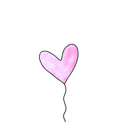 Pink watercolor balloon in shape of heart isolated on white background. Symbol of love, romance. Simple illustration for Valentines day, birthday, wedding, greeting card, web. Doodle hand drawn