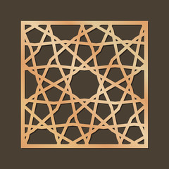 Cutout silhouette panel with ornamental geometric arabic pattern in form of squre. Template for printing, laser cutting stencil, engraving. Vector illustration.