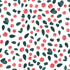 Cranberries seamless pattern on white with green leaves. Textile design.