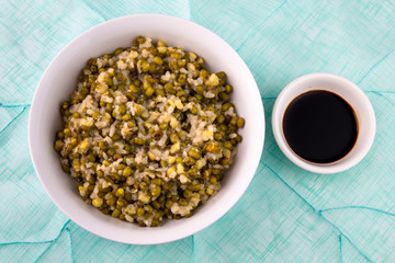 mung bean with white rice soup which is called Nokdujuk in Korea