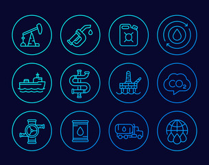 Petroleum industry, petrol and gasoline line icons