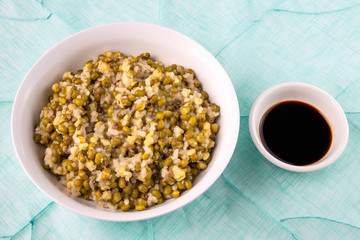 mung bean with white rice soup which is called Nokdujuk in Korea