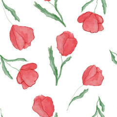 Poppy and tulip flowers seamless pattern on white. Textile design.