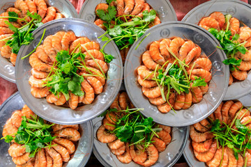 Boiled shrimp and coriander cold dishes,Chinese food,top view.