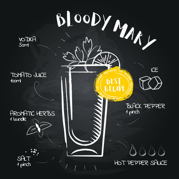 Bloody Mary. Image of a cocktail and a set of ingredients for making a drink at the bar. Sketch on a black chalkboard. Vector illustration