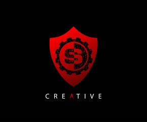 Red  Shield Gear Letter S logo icon design.