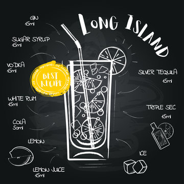 Long Island. Image of a cocktail and a set of ingredients for making a drink at the bar. Sketch on a black chalkboard. Vector illustration