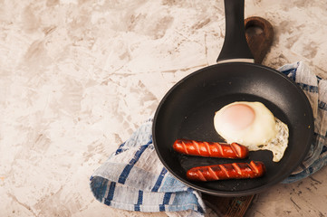 Gluten free fried eggs. breakfast in a pan of sausages and eggs. Keto diet close-up and copy space.
