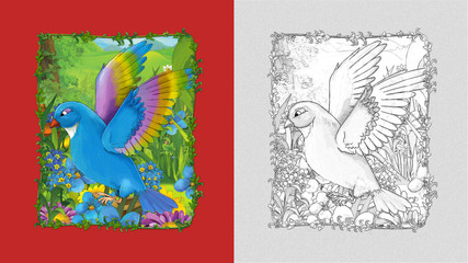 cartoon scene with beautiful bird on the meadow with sketchbook