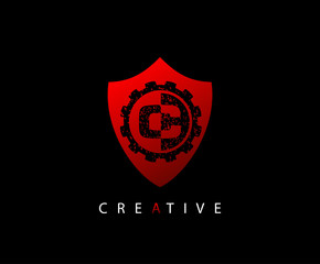 Red  Shield Gear Letter C logo icon design.