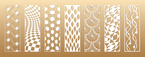 7 Laser cut vector panels (ratio 1:3). Cutout silhouette with sliced citrus, treads and beads, football, mosaic and geometric patterns. The set is suitable for engraving, laser cutting wood, metal. - obrazy, fototapety, plakaty